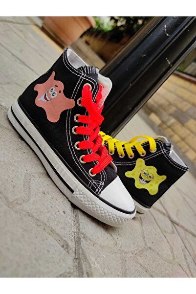 MECH BUTİK Unisex Günlük Siyah&beyaz Bilekli Sünger Bob&patrick Tasarımlı Baskılı Keten Spor Sneaker Ayakkabı