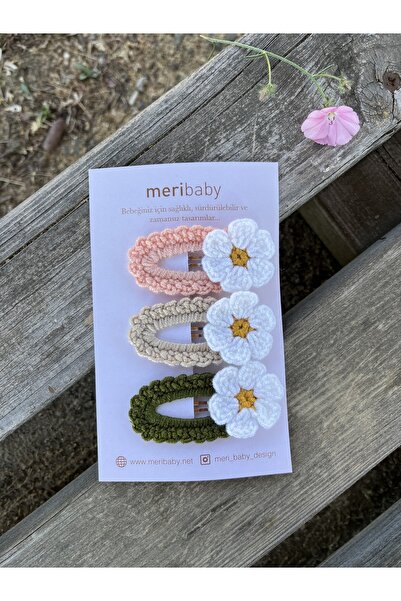 Meri Baby Örgü Çiçekli Bebek / Çocuk Toka Seti - 3 Adet - Doğum / Doğum Günü ...