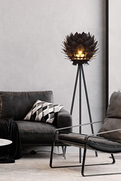 Design OTTO Lotus Metal Ayaklı Yerpuar Anahtarlı Ahşap Modern Tripod Üç Ayaklı Lambader Aydınlatma