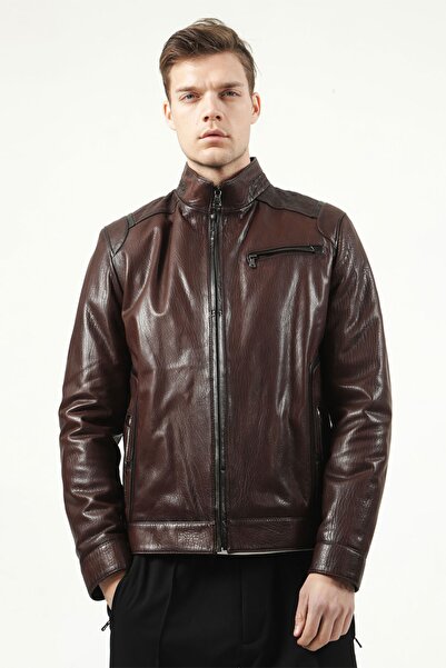 Dericlub معطف رجالي من الجلد الطبيعي بياقة واقفة من أوريغون باللون الأحمر