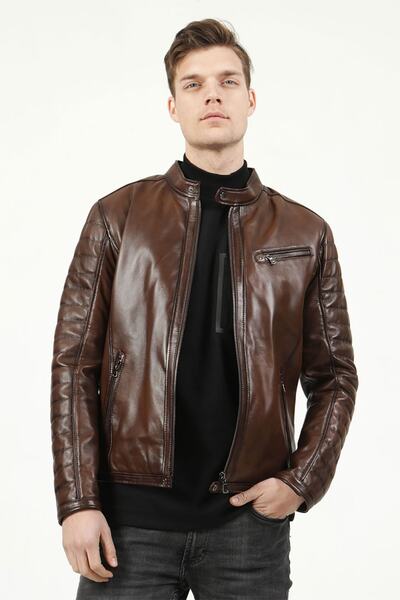 Dericlub Brg Erkek Hakim Yaka Slimfit Hakiki Deri Mont Camel Antik