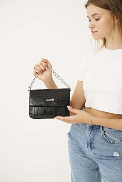 Top All BAG حقيبة يد وكتف نسائية سوداء منقوشة بنقشة التمساح