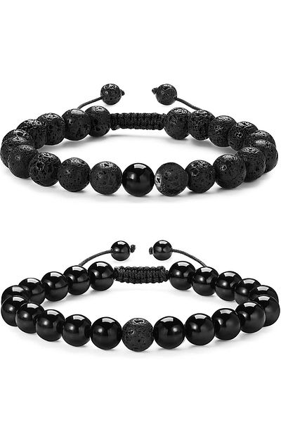 Tesbih Atölyesi Certified Natural Obsidian Lava Stone Natural Stone Bracelet Set