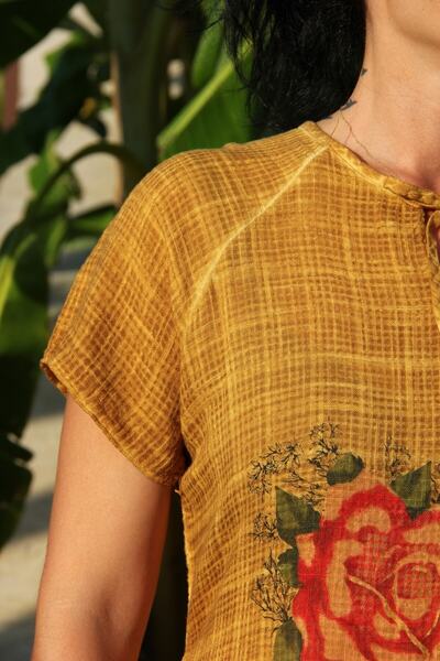 Bohemian Women's Mustard Honeycomb Textured Half Sleeve Dress