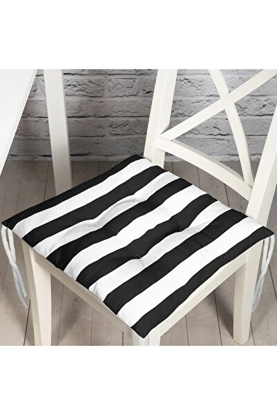 Nish & Royal Siyah Beyaz Çizgili Dekoratif Pofidik Sandalye Minderi