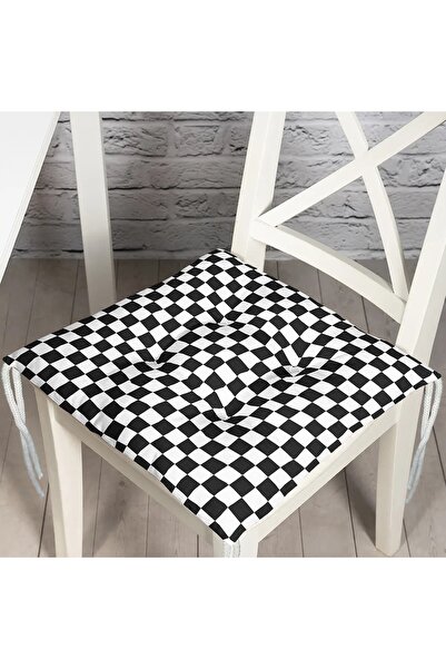 Nish & Royal Siyah Beyaz Ekose Desenli Dekoratif Pofidik Sandalye Minderi