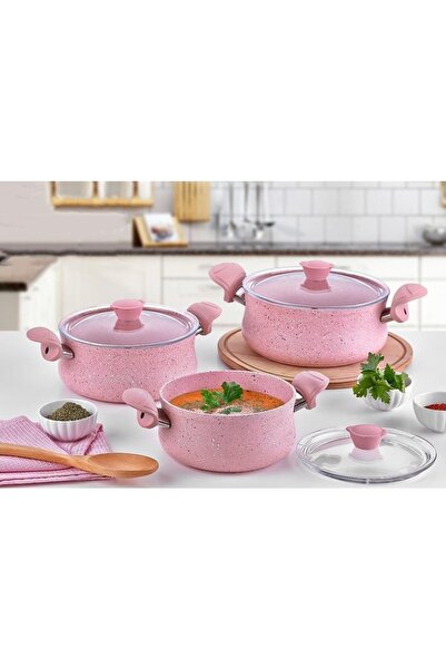OMS 3027 - 6 Parça Biogranit, Ergonomik, Güveç Seti, Pembe Gövde - Pembe Detay