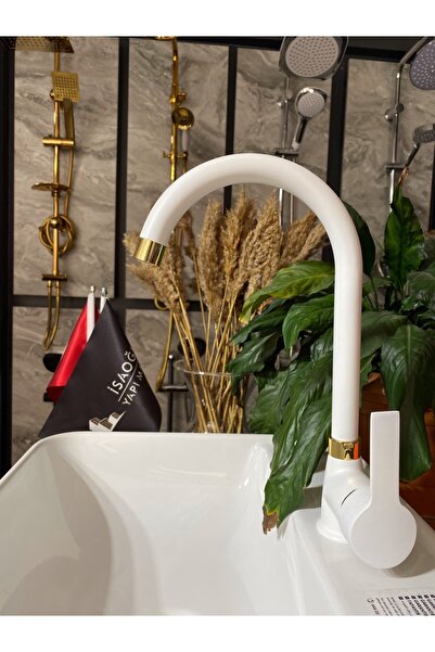 İSAOĞLU YAPI Gold Beyaz Mutfak Bataryası Beyaz Evye Musluğu Altın Mutfak Bata...