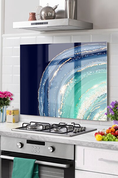 Olinpa Premium Mutfak Cam Ocak Arkası Koruyucu Tezgah Ankastre Arkası Koruyucu 50x60cm | Mermer Lacivert