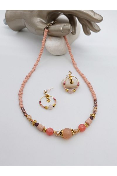 takitokaciniz Pink Quartz Earrings Glass Bead Necklace Set