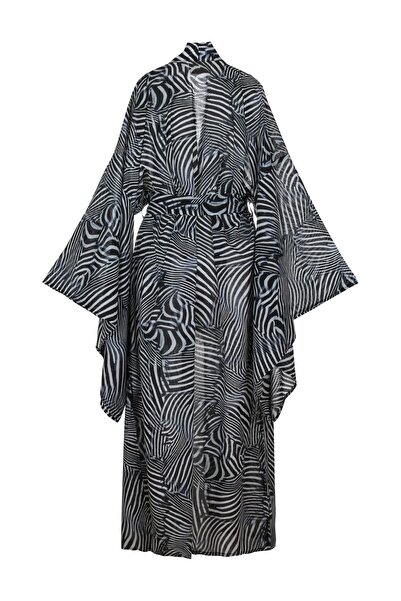 Gaintart Siyah Beyaz Zebra Desenli Ipek Viskon Japon Kimono Plaj Elbisesi