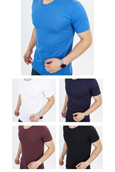 Nacar Erkek 5'li Tişört Paketi Saks Bordo Lacivert Siyah Beyaz Comfort Bisikl...