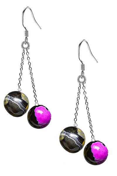 Tesbih Atölyesi Certified Mix Color Natural Tibetan Agate Stone Silver Earrings
