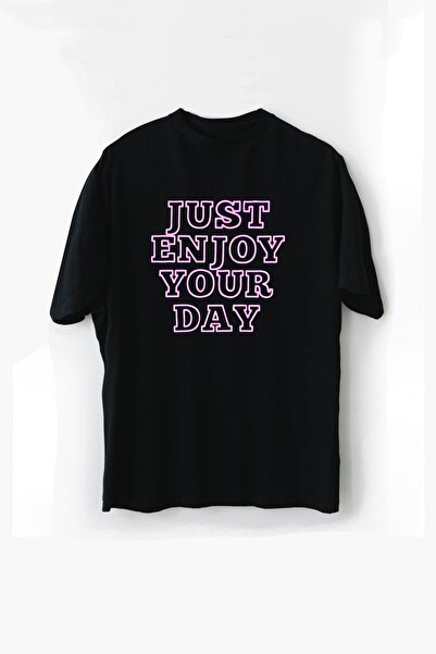 Just Enjoy Your Day Baskılı Kısa Kollu Siyah T-shirt