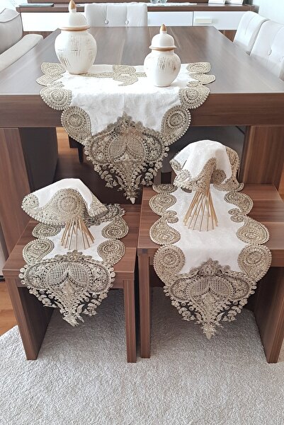 İnciShop Krem Kadife Üzeri Gold Dantelli 5 Parça Salon Takımı Masa Örtüsü Run...