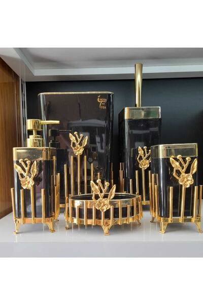 MEYLACO Banyo Seti 5'li Siyah Akrilik Altın Japon Güllü