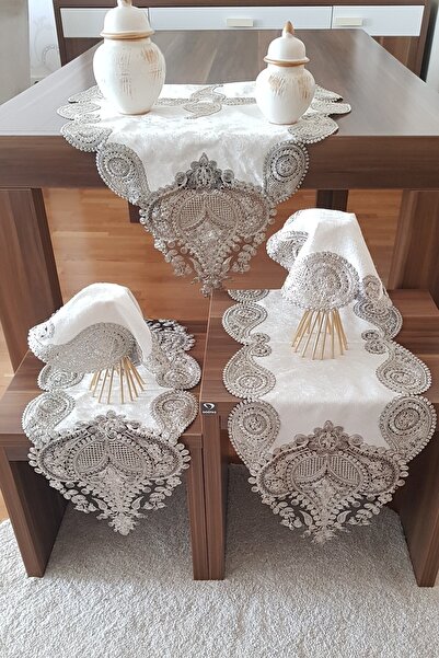 İnciShop Krem Kadife Üzerine Gümüş Dantelli 5 Parça Salon Takımı Masa Örtüsü ...