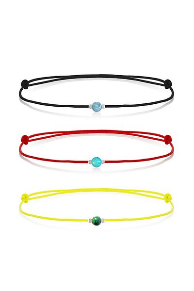 alberaccessories Triple Set Red - Neon Yellow - Black Rope Design Natural Stone Luck Anklet Aquamarine Turquoise Malachite