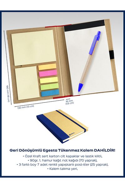EGESTA Recycled Colored Adhesive Note Holder + Memo Pad (with Ballpoint Pen) - Navy Blue
