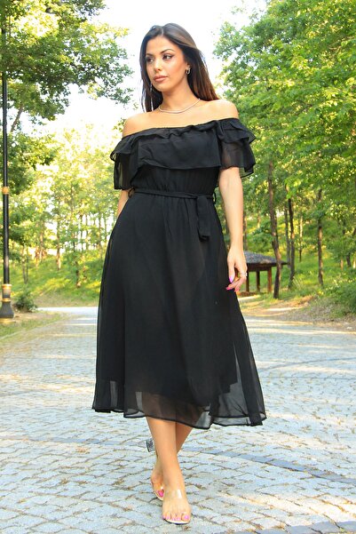 Neşeli Butik Kadın Siyah Midi Boy Kare Yaka Astarlı Şifon Elbise Nb8060