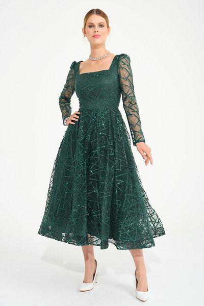 SpringStore Rochie de seară cu guler pătrat smarald, lungime midi