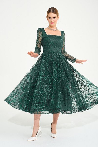 SpringStore Rochie de seară cu guler pătrat smarald, lungime midi