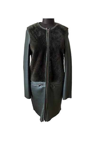 asus deri Hakiki Kuzu Derisi Kürklü Koyu Yeşil Midi Boy Kadın Ceket