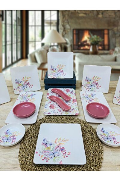 Keramika Kahvaltı Takımı 6 Kişilik 15 Parça Kare Gül Kurusu Bahar Set