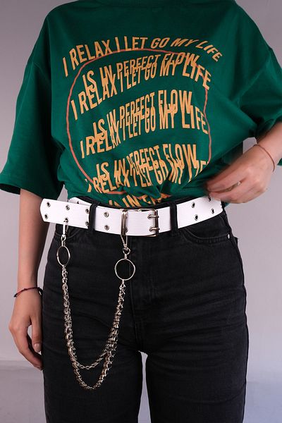 LİA KEMER Women's Silver Buckle Double Bird Eye Detailed and Chain Jacket Belt Dress Belt Trouser Belt