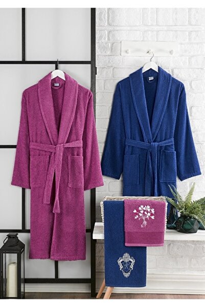 Valezium 4-dijelni Vezena porodični ogrtač za kupanje - 100% pamuk , Kobalt p...