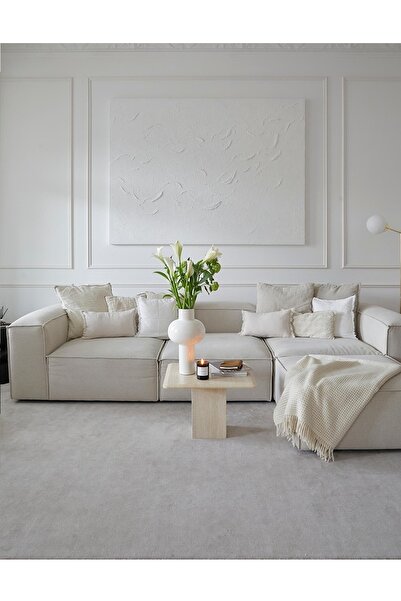 IG HOME Comfy Modüler Kanepe Köşe Koltuk Takımı Kırık Beyaz Keten Kumaş Pofidik Köşe Takımı 4 Modül