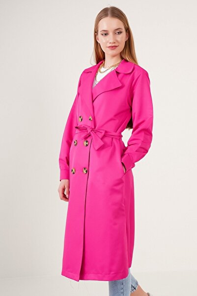 MEECY Women's Fuchsia Double Breasted Collar Trench Coat