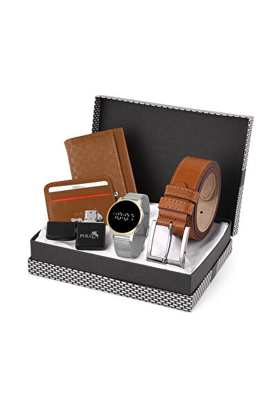 Polo Air Erkek Kol Saati Kemer Cüzdan Slim Kartlık Çakmak Set Taba
