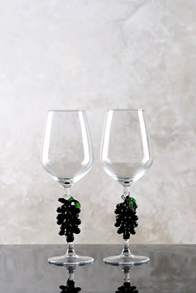 ADAMODART Siyah Üzüm Salkım El Yapımı Cam Figürlü Şarap Kadehi 2’li Set