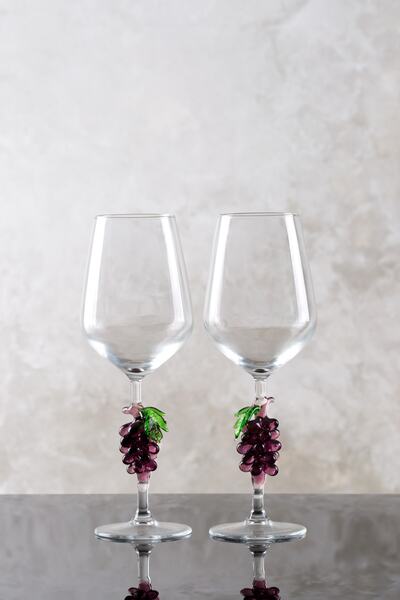 ADAMODART Mor Üzüm Salkım El Yapımı Cam Figürlü Şarap Kadehi 2’li Set