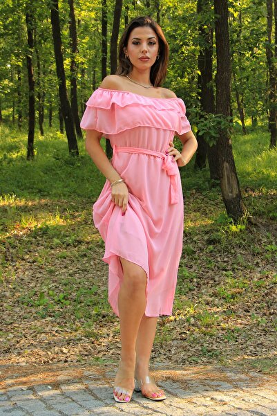 Neşeli Butik Ženska ružičasta haljina za baby shower sa pojasom i madona krag...