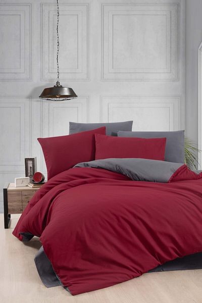 ALAMODE Ranforce 100% Cotton Double Gray-Claret Red Duvet Cover Set GRBRD67
