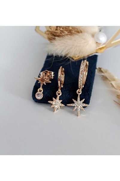 SU PERİSİ TAKI BİJUTERİ Gold Kuzey Yıldız 3 Lü Set Küpe