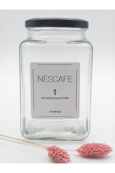 zezedesing Nescafe Jar Storage Container Square Glass Black Metal Lid 1000ml