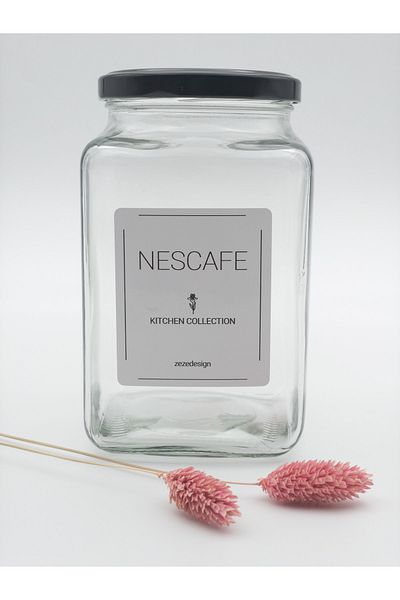 zezedesing Nescafe Jar Storage Container Square Glass Black Metal Lid 1000ml