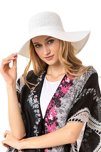 Saria Moda White Wide Straw Sunscreen Beach Women's Hat