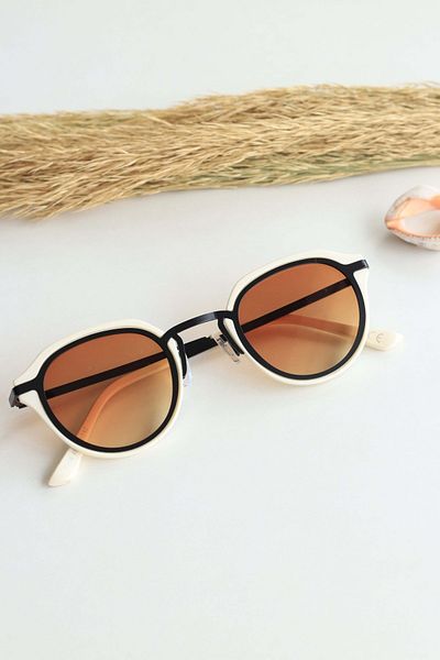 LOOKUP Sunglasses Unisex Cream Beige Frame Brown Glass Uv 400 Protection Metal Handle