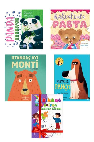 TÜRKİYE İŞ BANKASI KÜLTÜR YAYINLARI Panda Aranıyor - Huysuz Panço - Utangaç Ayı Monti - Kahvaltıda Pasta - 5 Kitap Set