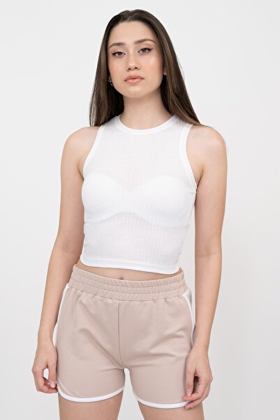 Soyo Women's White Transparent Ribbed Super Crop Knitted Undershirt
