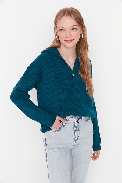 Trendyol Collection Grüner weicher strukturierter Kapuzenpullover TWOAW21KZ0410