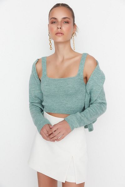 Trendyol Collection Menta kötöttáru Crop blúz és kardigán szett - gomb részletek TWOAW21HI0107
