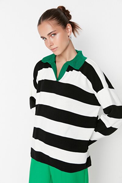 Trendyol Collection Zielony szeroki sweter w paski z dzianiny - Twoaw23Kz00008
