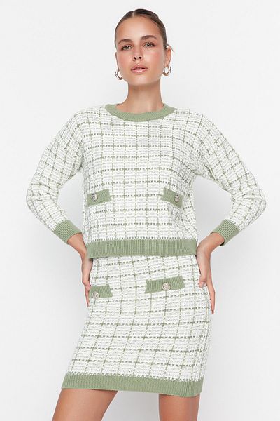 Trendyol Collection Mint Tweed Look csillogó kötöttáru felső és alsó szett szoknyával TWOAW21AU0003