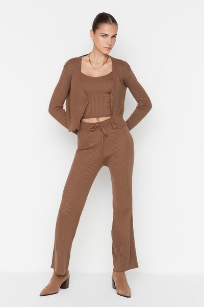 Trendyol Collection Bordás barna blúz, kardigán és nadrág szett - TWOAW22AU0006