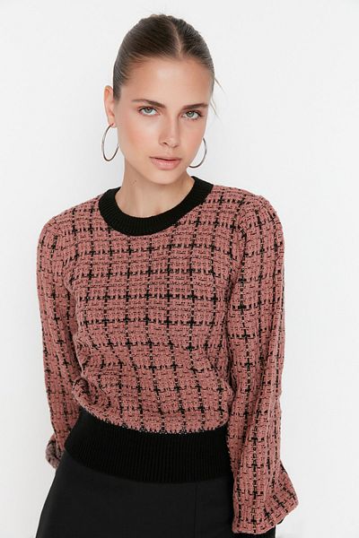 Trendyol Collection Pulover din tricotaje din tweed cu sclipici Dusty Rose - TWOAW21KZ0032